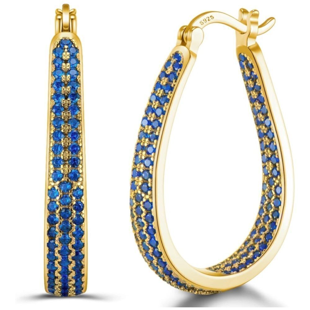 14K Yellow Gold Sterling Silver with Blue Sapphire Cubic Zirconia Hoop Earrings